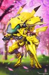  adapted_costume against_mecha ayya_saparniyazova blurry blurry_background blush_stickers bodysuit breasts brown_hair cherry_blossoms cosplay d.va_(overwatch) facial_mark gen_1_pokemon gun high_heels holding holding_poke_ball leaning_on_object long_hair looking_at_viewer mecha medium_breasts meka_(overwatch) overwatch petals pikachu pikachu_(cosplay) pilot_suit poke_ball pokemon smile solo standing weapon whisker_markings yellow_bodysuit 