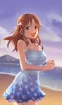  :d alternate_costume alternate_hairstyle beach blue_dress blue_sky breasts brown_eyes brown_hair cloud cloudy_sky collarbone day dress hands_clasped idolmaster idolmaster_cinderella_girls large_breasts long_hair looking_at_viewer medium_hair mountain ocean open_mouth outdoors own_hands_together sky smile solo starfish_hair_ornament totoki_airi wm_(chawoo1357) 