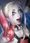 arm_up batman_(series) bell bell_collar blonde_hair blue_eyes blue_hair collar dc_comics harley_quinn jingle_bell lips multicolored_hair open_mouth pale_skin pink_hair solo suicide_squad twintails upper_body warren_louw 
