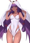  absurdres animal_ears breasts cameltoe competition_swimsuit cosplay cowboy_shot dark_skin facial_mark fate/grand_order fate_(series) highres jackal_ears long_hair looking_at_viewer medjed medjed_(cosplay) nitocris_(fate/grand_order) nitocris_(swimsuit_assassin)_(fate) one-piece_swimsuit purple_eyes purple_hair sidelocks small_breasts solo squirrelhollow swimsuit white_swimsuit 