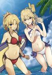  :d ;d ahoge artist_name artoria_pendragon_(all) artoria_pendragon_(swimsuit_archer) ass_visible_through_thighs bad_anatomy bikini blonde_hair blue_eyes blue_sky blurry braid breasts criss-cross_halter day depth_of_field eyebrows_visible_through_hair fang fate/apocrypha fate/grand_order fate/stay_night fate_(series) finger_on_trigger fisheye front-tie_bikini front-tie_top grey_eyes hair_between_eyes hair_ornament hair_scrunchie halterneck highres lens_flare looking_at_viewer medium_breasts mordred_(fate)_(all) mordred_(swimsuit_rider)_(fate) multiple_girls navel non-web_source one_eye_closed open_mouth outdoors palm_tree ponytail red_bikini red_scrunchie saber scrunchie side-tie_bikini sky small_breasts smile surfboard swimsuit tan teshima_nari tree v-shaped_eyebrows wading water_gun white_bikini wristband 