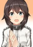  :d blush brown_hair commentary_request eyebrows_visible_through_hair gradient gradient_background hair_between_eyes hayasui_(kantai_collection) highres jacket kamelie kantai_collection long_sleeves looking_at_viewer open_mouth orange_background own_hands_together short_hair silver_eyes simple_background smile solo track_jacket upper_body white_jacket zipper_pull_tab 