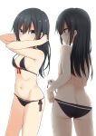 1girl asashio_(kantai_collection) ass bare_shoulders bikini black_bikini black_hair blue_eyes blush breasts butt_crack closed_mouth contrapposto cowboy_shot hair_between_eyes hands_up highres kantai_collection looking_at_viewer nagami_yuu side-tie_bikini simple_background single_horizontal_stripe small_breasts standing swimsuit white_background 