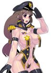  absurdres arm_up bare_shoulders black_legwear brown_hair collarbone epaulettes fengmo hat highres long_hair military_hat mole mole_under_mouth navel open_mouth pasties purple_eyes salute simple_background solo star_pasties thighhighs thighs white_background wide_hips 