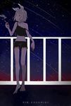 bare_arms bare_legs barefoot black_shorts blonde_hair bow cigarette crop_top green_eyes hair_bow headband holding holding_cigarette kagamine_rin looking_to_the_side navel necojishi night night_sky off_shoulder railing short_shorts shorts sky smoke smoking solo standing star star_(sky) starry_sky vocaloid 