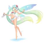 armpits bangs bare_shoulders barefoot bikini bikini_under_clothes bracelet breasts collar collarbone eyebrows_visible_through_hair fairy_wings full_body goodsmile_racing gradient_hair hair_ornament hatsune_miku high_heels holding jewelry logo long_hair looking_at_viewer medium_breasts midriff multicolored_hair navel official_art open_mouth shorts simple_background smile solo swimsuit tanaka_takayuki tiptoes twintails vocaloid white_background wings 