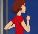 1girl animated animated_gif brown_hair chiba_atsuko disguise female lipstick makeup paprika paprika_(character) red_shirt running shirt short_hair side_view sky solo 