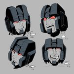  80s commentary_request decepticon english eyes grey_background head_only kamizono_(spookyhouse) laughing machine machinery mecha multiple_boys no_humans oldschool open_mouth personification red_eyes robot skywarp smile starscream sunstorm thundercracker transformers 