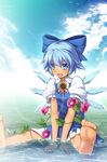  barefoot blue_bow blue_dress blue_eyes blue_hair blue_sky blue_wings bow chima_q cirno cloud collared_shirt commentary_request day dress feet_out_of_frame flat_chest flower hair_bow highres ice ice_wings looking_at_viewer open_mouth outdoors partially_submerged plant puffy_sleeves shirt short_hair short_sleeves sitting sky smile soles solo spread_legs sunflower tan tanned_cirno touhou undershirt vines wet white_shirt wing_collar wings 