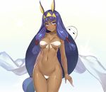  &lt;o&gt;_&lt;o&gt; animal_ears armlet arms_at_sides ass_visible_through_thighs bandeau bikini bikini_pull blue_eyes breasts cleavage closed_mouth collarbone cowboy_shot dark_skin earrings eyebrows_visible_through_hair facial_mark fate/grand_order fate_(series) front-tie_bikini front-tie_top gradient gradient_background hair_tubes hairband highres hoop_earrings jackal_ears jewelry large_breasts long_hair looking_at_viewer low-tied_long_hair medjed nakamura_nagare navel nitocris_(fate/grand_order) purple_hair sidelocks simple_background smile solo string_bikini swimsuit thigh_gap very_long_hair white_bikini 