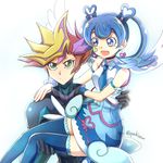  1boy 1girl blue_angel blue_eyes blue_hair dress fujuki_yuusaku happy heart jewelry multicolored_hair playmaker princess_carry yu-gi-oh! yuu-gi-ou_vrains zaizen_aoi 