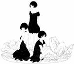  arms_behind_back back backless_dress backless_outfit barefoot black_hair bob_cut dress greyscale highres lettuce monochrome multiple_girls original salad short_dress short_hair sitting sousou_(sousouworks) standing 