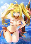  :p aestus_estus ahoge bangs bikini blonde_hair breasts cloud criss-cross_halter curvy day eyebrows_visible_through_hair fate/grand_order fate_(series) green_eyes hair_between_eyes hair_intakes halterneck hand_on_hip highres kanna_(chaos966) leaning_forward long_hair looking_at_viewer medium_breasts navel nero_claudius_(fate)_(all) nero_claudius_(swimsuit_caster)_(fate) ocean outdoors photo_background shading_eyes side-tie_bikini smile solo striped striped_bikini sun swimsuit sword thigh_gap tongue tongue_out twintails v-shaped_eyebrows water weapon wet 