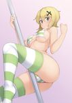  akatsuki_kirika alfort_(may0508) ass bikini blonde_hair blush breasts cameltoe closed_mouth commentary_request covered_nipples dutch_angle gradient gradient_background green_eyes hair_ornament highres large_breasts looking_at_viewer micro_bikini pink_background pole pole_dancing purple_background senki_zesshou_symphogear short_hair skindentation smile solo stripper_pole sweat swimsuit thighhighs x_hair_ornament 