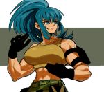  1girl abs arm_pouch biceps black_gloves blue_eyes blue_hair cargo_pants crop_top earrings gloves jewelry leona_heidern long_hair midriff nanika_(nnkgh) pants ponytail soldier solo tank_top the_king_of_fighters the_king_of_fighters_xv triangle_earrings yellow_tank_top 