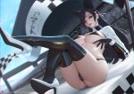  animal_ears artist_name ass atago_(azur_lane) atago_(stunning_speedster)_(azur_lane) azur_lane bikini black_bikini black_gloves black_hair black_thighhighs blurry breasts checkered_flag chinese_commentary day extra_ears flag full_body gloves high_heels large_breasts latex latex_gloves latex_thighhighs long_hair looking_at_viewer official_alternate_costume outdoors patreon_logo race_queen racetrack sade_abyss shoes sitting sleeve_cuffs swimsuit thighhighs two-tone_bikini white_footwear yellow_eyes 