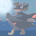  animal_focus artist_name asakoline blue_background blue_cape cape commentary_request cosplay full_moon hat lucario moon no_humans pokemon pokemon_(creature) red_eyes riley_(pokemon) riley_(pokemon)_(cosplay) tricorne twitter_username 