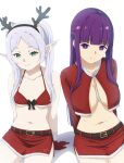  2girls alternate_costume arm_support bikini bikini_top_only black_bow bow breasts closed_mouth elf fake_antlers fern_(sousou_no_frieren) frieren fur-trimmed_shirt fur-trimmed_skirt fur_trim green_eyes grey_hair highres keihh large_breasts long_hair long_sleeves multiple_girls navel on_ground pointy_ears purple_eyes purple_hair red_bikini red_shirt red_skirt santa_bikini shirt sitting skirt small_breasts smile sousou_no_frieren swimsuit twintails underboob 