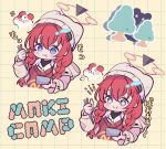  1girl blue_archive blue_eyes blush bowl braid brown_vest chopsticks closed_mouth eating grey_headwear grey_jacket hair_between_eyes halo hat holding holding_bowl holding_chopsticks jacket long_hair long_sleeves maki_(blue_archive) maki_(camp)_(blue_archive) mantezaurusu motion_lines multiple_views official_alternate_costume open_clothes open_jacket red_hair red_halo smile twin_braids vest 