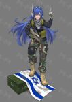  1girl absurdres ammunition_box arm_up assault_rifle belt_pouch blue_hair bullpup commission fingerless_gloves full_body girls&#039;_frontline gloves green_gloves gun headgear hexagram highres holding holding_gun holding_weapon huihuang_rongyao israel iwi_tavor keffiyeh knee_pads long_hair long_sleeves looking_at_viewer military_uniform orange_eyes palestine pointing pointing_up pouch rifle robot_ears shoes single_knee_pad smile standing star_of_david tar-21_(girls&#039;_frontline) uniform weapon 