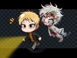  2boys :3 atou_haruki black_jacket blonde_hair blood blood_in_hair blood_on_clothes blood_on_face blue_eyes brown_sweater chibi chinese_commentary commentary_request ghost_tail glasses green_shirt grey_pants grey_pupils highres jacket kanou_aogu lab_coat long_sleeves male_focus multiple_boys no_nose notice_lines open_clothes open_jacket open_mouth pants parted_lips red_eyes ribbed_sweater round_eyewear saibou_shinkyoku shirt short_hair sleeves_past_fingers sleeves_past_wrists sweater walking white_hair wide-eyed wumingshi56626 