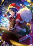  1girl absurdres artist_name black_thighhighs blue_hair blurry blurry_foreground brooch capelet christmas cityscape commentary cut_bangs depth_of_field dress flying fur-trimmed_capelet fur-trimmed_dress fur_trim gift gloves hat highres hirogaru_sky!_precure holding holding_sack holding_stuffed_toy holly jewelry looking_at_viewer medium_hair minccino7 night night_sky open_mouth outdoors over_shoulder precure red_capelet red_dress red_headwear sack santa_hat short_dress side_ponytail signature single_sidelock sitting sky sleigh smile snowflakes solo sora_harewataru stuffed_animal stuffed_toy teddy_bear thighhighs white_gloves wing_brooch 