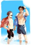  2boys alternate_costume arm_up black_hair black_male_swimwear blue_background blue_eyes blue_male_swimwear blue_shirt brown_hair collared_shirt feet_out_of_frame grin groin hand_on_own_hip holding_hands jewelry joker_game looking_to_the_side male_focus male_swimwear miyoshi_(joker_game) multiple_boys open_clothes open_shirt pendant red_shirt sakuma_(joker_game) shi646 shirt short_hair short_sleeves sideways_glance smile standing sunglasses swim_trunks toned toned_male wading watch wind wristwatch 