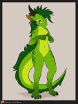 4_toes anthro blue_eyes feet female fluffy green_body green_hair hair hi_res jianna_(character) kobold long_tail looking_at_viewer skyvo solo standing tail toes
