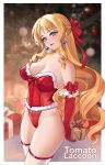  1girl alternate_costume artist_name blonde_hair blue_eyes blurry blurry_background box breasts christmas_ornaments christmas_tree collarbone drill_hair drill_sidelocks drop_earrings earrings elbow_gloves fur-trimmed_leotard fur_trim genshin_impact gift gift_box gloves hair_ribbon highres holding holding_gift jewelry large_breasts leotard lingerie long_hair looking_at_viewer navia_(genshin_impact) red_gloves red_leotard red_lips red_ribbon ribbon sidelocks smile solo standing strapless strapless_leotard thighhighs thighs tomato_laccoon underwear white_thighhighs 