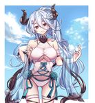  alternate_hairstyle ass_visible_through_thighs awa_(ngkh02) bare_shoulders blue_flower blue_hair blue_rose blush border breasts cloud collarbone day draph flower granblue_fantasy hair_between_eyes hair_flower hair_ornament head_tilt highres horns izmir large_breasts long_hair looking_at_viewer mole mole_under_mouth navel outside_border parted_lips pointy_ears ponytail red_eyes rose sky snowflakes solo swimsuit very_long_hair white_swimsuit 