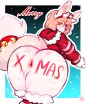 accessory anal anus bell butt canid canine canis christmas clothing female fluffy fluffy_tail fox genitals hair headband hi_res holidays hoodie hybrid legwear mammal merry_christmas orange_hair pussy red_clothing red_hoodie red_legwear red_stockings red_topwear shy solo solo_focus stockings tail topwear tylerayrton wolf