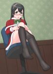  1girl :o alternate_costume aqua_eyes black_hair black_pantyhose blush bow bowtie brown_hairband capelet commentary_request dress feet from_below full_body fur-trimmed_capelet fur-trimmed_dress fur_trim geometrie glasses green_bow green_bowtie hair_between_eyes hairband highres kantai_collection legs long_hair looking_at_viewer no_shoes official_alternate_costume ooyodo_(kancolle) panties pantyhose pantyshot red_capelet red_dress santa_costume sitting solo swivel_chair toes underwear 