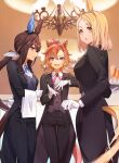  3girls :o admire_vega_(umamusume) animal_ears arm_behind_back asymmetrical_bangs black_jacket black_pants blonde_hair brooch brown_hair champagne_flute chandelier collared_shirt cross_tie cup drinking_glass feet_out_of_frame gloves hand_on_own_chest highres holding holding_tray horse_ears horse_girl horse_tail indoors jacket jewelry long_hair long_sleeves looking_at_viewer low_ponytail multiple_girls nanaheibei_3 narita_top_road_(umamusume) open_clothes open_jacket open_mouth orange_hair pants purple_eyes shirt short_hair sideways_mouth smile standing t.m._opera_o_(umamusume) tail tail_through_clothes tailcoat towel tray umamusume vest white_gloves white_shirt yellow_eyes 