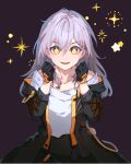  +_+ 1girl black_gloves black_jacket excited gloves grey_hair hair_between_eyes happy highres honkai:_star_rail honkai_(series) jacket long_sleeves looking_at_viewer medium_hair open_mouth shirt smile solo sparkle_background sparkling_eyes star_(symbol) stelle_(honkai:_star_rail) symbol-shaped_pupils trailblazer_(honkai:_star_rail) white_shirt yellow_eyes yellow_pupils yokura_(yukilina) 