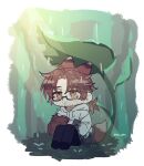  1boy ahoge animal_ears animal_hands black_pants brown_eyes brown_hair coat e.g.o_(project_moon) fox_ears fox_tail glasses gregor_(project_moon) highres leaf_umbrella limbus_company limc_gil41 low_ponytail pants project_moon rain sitting solo tail white_coat 