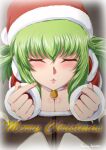  1girl artist_name bell breasts c.c. choker cleavage closed_eyes code_geass commentary_request english_text fur_trim green_hair hair_between_eyes hat highres jingle_bell kaname_aomame leaning_forward long_hair pom_pom_(clothes) pursed_lips santa_costume santa_hat solo 