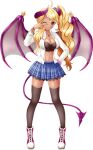  1girl artist_request bat_wings black_sclera black_tank_top black_thighhighs blonde_hair blue_skirt bracelet breasts cleavage colored_sclera crop_top cross cross_necklace demon_girl demon_tail game_cg gyaru high_tops horns jewelry large_breasts lethe_(monster_musume) long_hair looking_at_viewer midriff monster_musume_no_iru_nichijou monster_musume_no_iru_nichijou_online navel necklace non-web_source official_art one_eye_closed open_clothes open_shirt pink_eyes pink_footwear pink_nails plaid plaid_skirt pleated_skirt ponytail scrunchie shirt shoes skirt sneakers solo swept_bangs tail tan tank_top thighhighs v white_shirt wings zettai_ryouiki 