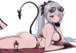  1girl absurdres arched_back ass bare_shoulders bikini black_bikini black_choker black_gloves black_ribbon blue_archive breasts choker commentary eyewear_on_head from_side furrowed_brow gloves grey_hair hair_ribbon highres iori_(blue_archive) iori_(swimsuit)_(blue_archive) long_hair looking_at_viewer lying medium_breasts on_stomach pizzasi pointy_ears red_eyes ribbon shoulder_blades side-tie_bikini_bottom sidelocks solo strap_gap string_bikini sunglasses swimsuit tail thighs twintails 