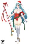  1girl alternate_costume aqua_eyes bare_shoulders bow breasts candy candy_cane chloe_(fire_emblem) cleavage collar commentary covered_navel fire_emblem fire_emblem_engage food full_body fur_collar groin hat high_heels holding holding_candy holding_food kaos_art large_breasts leotard long_hair looking_at_viewer off-shoulder_leotard red_bow red_headwear red_leotard santa_hat short_sleeves simple_background smile solo standing thighhighs thighs very_long_hair white_background white_collar white_thighhighs 