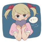  1girl ana_(mother) blue_eyes blush brown_hair covered_mouth dot_nose hair_ribbon heart holding holding_heart looking_ahead mother_(game) mother_1 pink_shirt puffy_short_sleeves puffy_sleeves red_ribbon ribbon shifumame shirt short_sleeves short_twintails solo speech_bubble translation_request twintails 