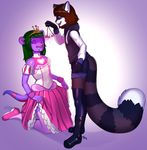  2017 anthro arh canine clothed clothing crossdressing cute dress drooling feminization hi_res hypnosis kneeling mammal mind_control princess raccoon royalty saliva sissification wolf 