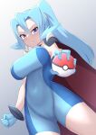  1girl blue_bodysuit blue_eyes blue_gloves blue_hair bodysuit breasts cape clair_(pokemon) covered_navel dutch_angle gloves grey_background highres holding holding_poke_ball large_breasts looking_at_viewer poke_ball poke_ball_(basic) pokemon pokemon_hgss ponytail solo tattuuy 