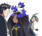  1boy ahoge big_hair black_gloves black_hair black_jacket blonde_hair blue_eyes blue_hair blue_shirt dark-skinned_female dark_skin geeta_(pokemon) glimmet gloves green_hair grey_hair jacket larry_(pokemon) long_hair multicolored_hair multiple_girls neck_ribbon on_head pokemon pokemon_(creature) pokemon_on_head pokemon_sv ponytail red_eyes ribbon rika_(pokemon) shirt short_hair streaked_hair two-tone_hair yellow_ribbon yunme 