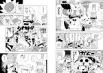  3girls aori_(splatoon) arms_(game) beanie blood bob_cut bow bowtie chin_stroking comic domino_mask dragon_(arms) fang goggle-kun_(splatoon) goggles goggles_on_head greyscale hat highres hotaru_(splatoon) jacket kiwa_(pokemonwars) mask min_min_(arms) monochrome multiple_boys multiple_girls ninjara_(arms) plate pointy_ears pompadour short_jumpsuit sideburns splatoon_(manga) splatoon_(series) splattershot_(splatoon) spring_man_(arms) toaster_(arms) translation_request 