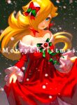  1girl bare_shoulders blonde_hair blue_eyes collarbone dress earrings hair_ornament hair_over_one_eye highres jewelry long_hair long_sleeves looking_at_viewer mario_(series) merry_christmas nonana_(galaxycat89p13) off-shoulder_dress off_shoulder red_dress rosalina smile snowing solo star_(symbol) star_earrings 