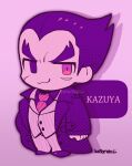  1boy :3 black_eyes black_hair coat collared_shirt diagonal-striped_necktie full_body jacket kotorai limited_palette long_sleeves male_focus mishima_kazuya necktie no_nose pants pink_background pink_jacket pink_pants purple_coat purple_shirt purple_theme red_eyes red_necktie scar scar_on_cheek scar_on_face shirt shoes short_hair signature solo tekken thick_eyebrows v-shaped_eyebrows 