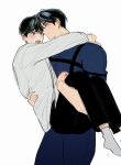  2boys arms_around_neck black_hair black_pants blue_eyes blush bodysuit carrying closed_mouth diving_suit eoduun_badaui_deungbul-i_doeeo heterochromia highres long_sleeves looking_at_another male_focus multiple_boys open_mouth pants park_moo-hyun princess_carry seodae_7810 shin_hae-ryang shirt short_hair simple_background smile socks standing wetsuit white_background white_shirt yaoi 