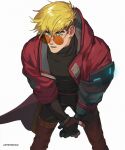  1boy artbyshinji artist_name black_shirt blonde_hair blue_eyes cropped_legs glasses highres jacket leaning_forward male_focus mole mole_under_eye open_mouth orange-tinted_eyewear parted_lips prosthesis prosthetic_arm red_jacket round_eyewear shirt short_hair simple_background solo standing tinted_eyewear trigun trigun_stampede undercut vash_the_stampede white_background 