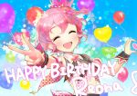  1boy :d ^_^ blue_sky blush braid character_name closed_eyes commentary_request crossdressing crown curly_hair facing_viewer happy happy_birthday idol_clothes male_focus mole mole_under_eye open_mouth oshiri_(o4ritarou) otoko_no_ko pink_eyes pink_hair pretty_series pripara reona_west short_hair side_braid sky smile solo upper_body v 