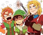  anime_coloring blue_eyes blush breasts curly_hair dragon_quest dragon_quest_vii dress hat hero_(dq7) hood kiefer long_hair maribel_(dq7) medium_breasts multiple_boys open_mouth red_hair sei_(seiryuuden) smile 